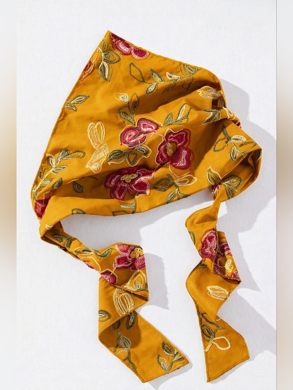Anthropologie Brocade Embroidered Floral Mustard Bandana Hair Scarf - NWT